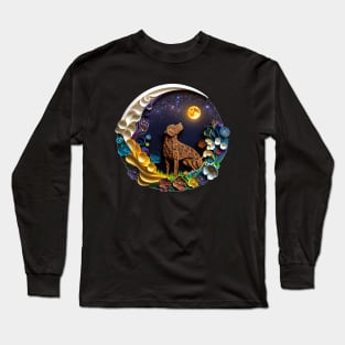 Chocolate Brown Labrador Retriever Dog in Space Full Moon Glowing Planets Stars Art Long Sleeve T-Shirt